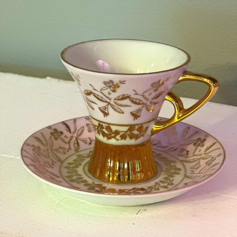 Vintage demitasse tea cup, pink/gold flowers